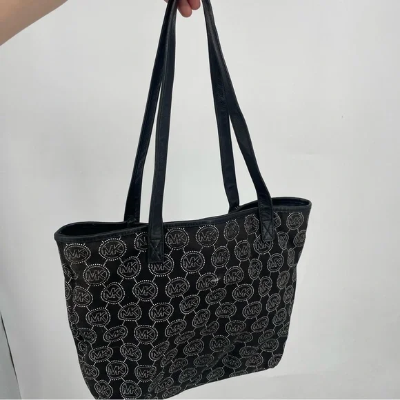 Michael Kors Signature Logo MK Black & White Tote Purse Large Canvas Bag Leather - Picture 7 of 7